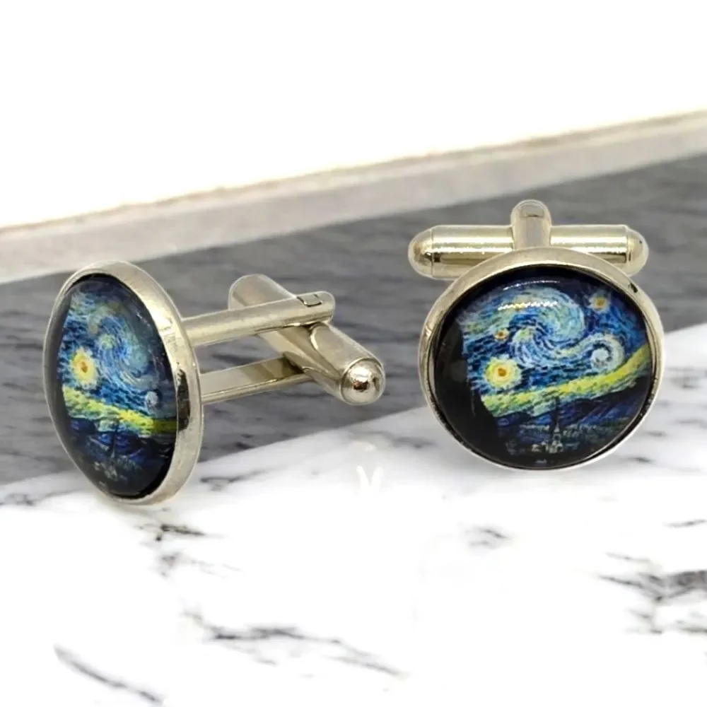 Van Gogh Starry Night Cufflinks Silver Blue Art Museum Artist Chic Teacher Gift